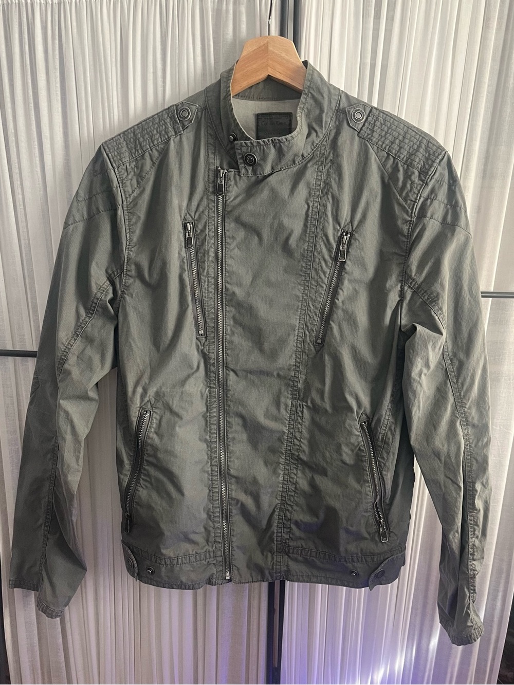 Calvin Klein Asymmetrical Moto Military-Style Olive Zip-Front Jacket - Men’s S